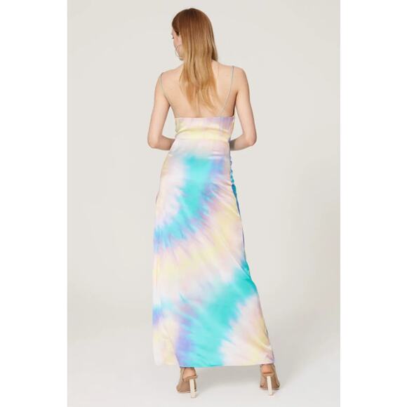 Retrofete Marelene Tie Dye Gown Dress L Cowl Neck Sleeveless Side Slit Maxi Silk - Picture 2 of 11